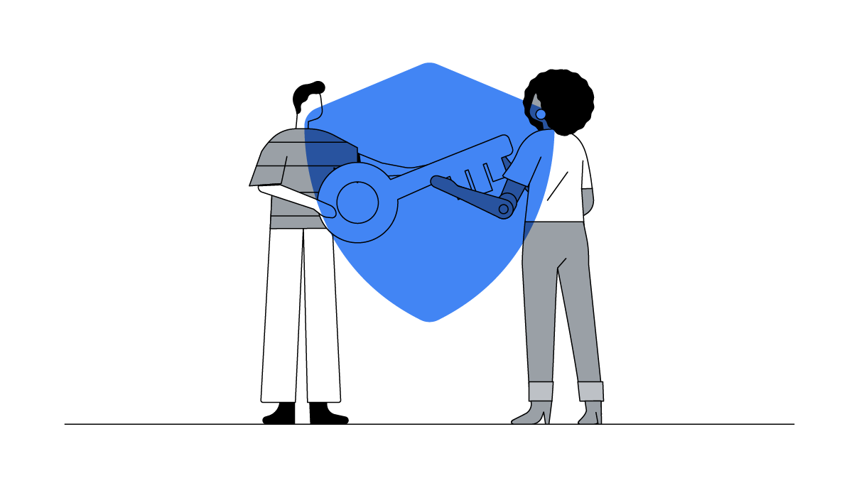 A light-skinned man and a dark-skinned woman with a prosthetic arm hold a life-sized key between them. A large blue shield overlays, representing data privacy in a cookieless future using AI marketing and a first-party data strategy.