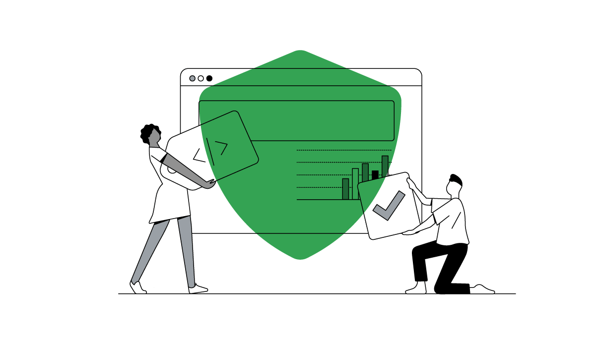 A Black woman carries a price tag with HTML code. An Asian American man, kneeling on one leg, lifts a block with a check mark. They are adding these items to a large web browser showing a bar graph, over which hovers a privacy shield.