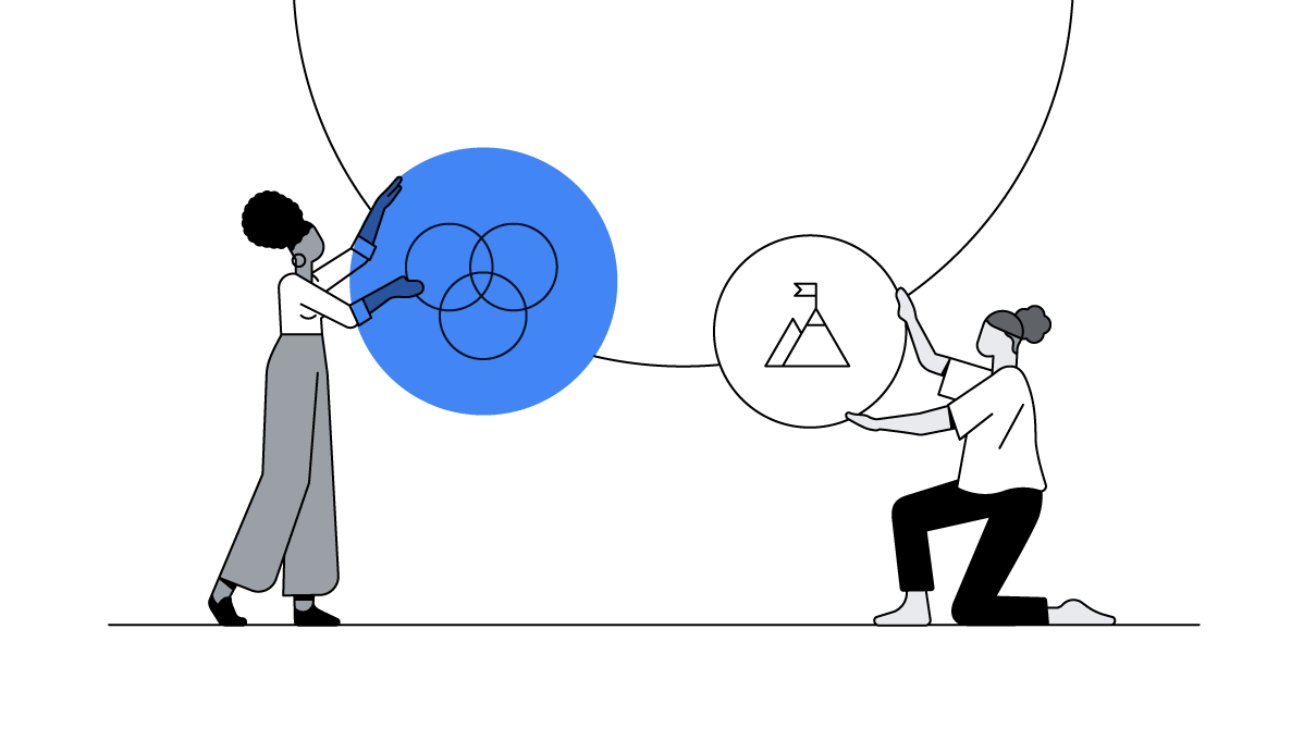 A person with black curly hair in a puff interacts with a Venn diagram inside a blue orb. Another person with wavy hair in a bun kneels while holding an orb containing a peak marketing strategy.