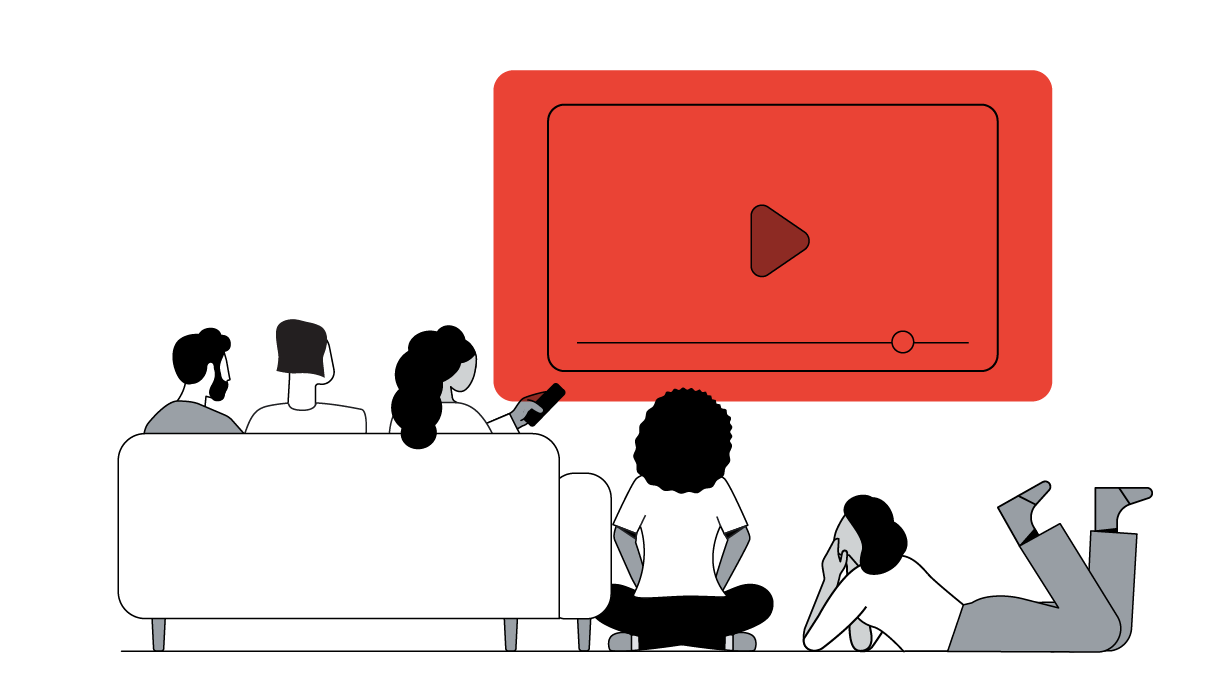 A group of five people are sitting together in a living room. Some on the floor, some on a sofa. One person is holding a remote control and pointing it to a large TV screen showing a YouTube play button and progress bar, with a red rectangle overlaid