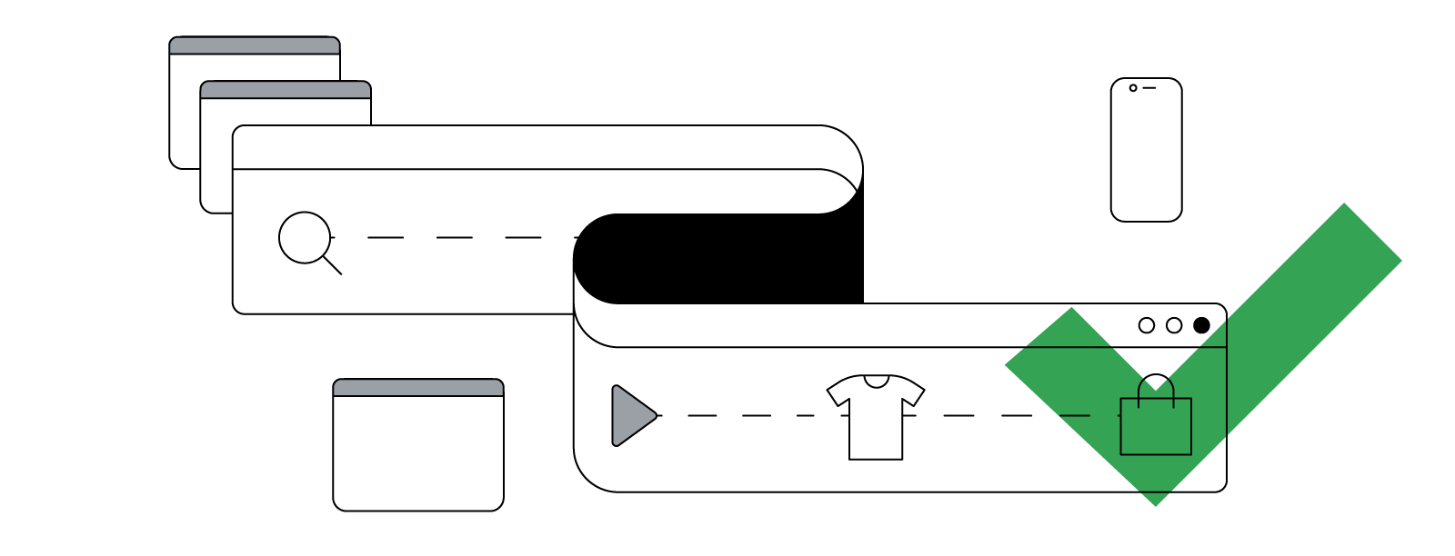 Ilustración abstracta de una ventana de navegador curva y flexible que representa el recorrido no lineal que sigue un cliente desde la búsqueda de información hasta la compra en distintos dispositivos.