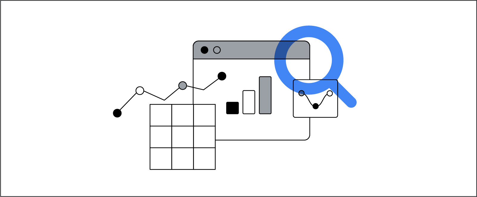 Eine stilisierte Anordnung mit Linienzeichnungen von Datendiagrammen und grafischen Symbolen, die von einer blauen Lupe überlagert sind.