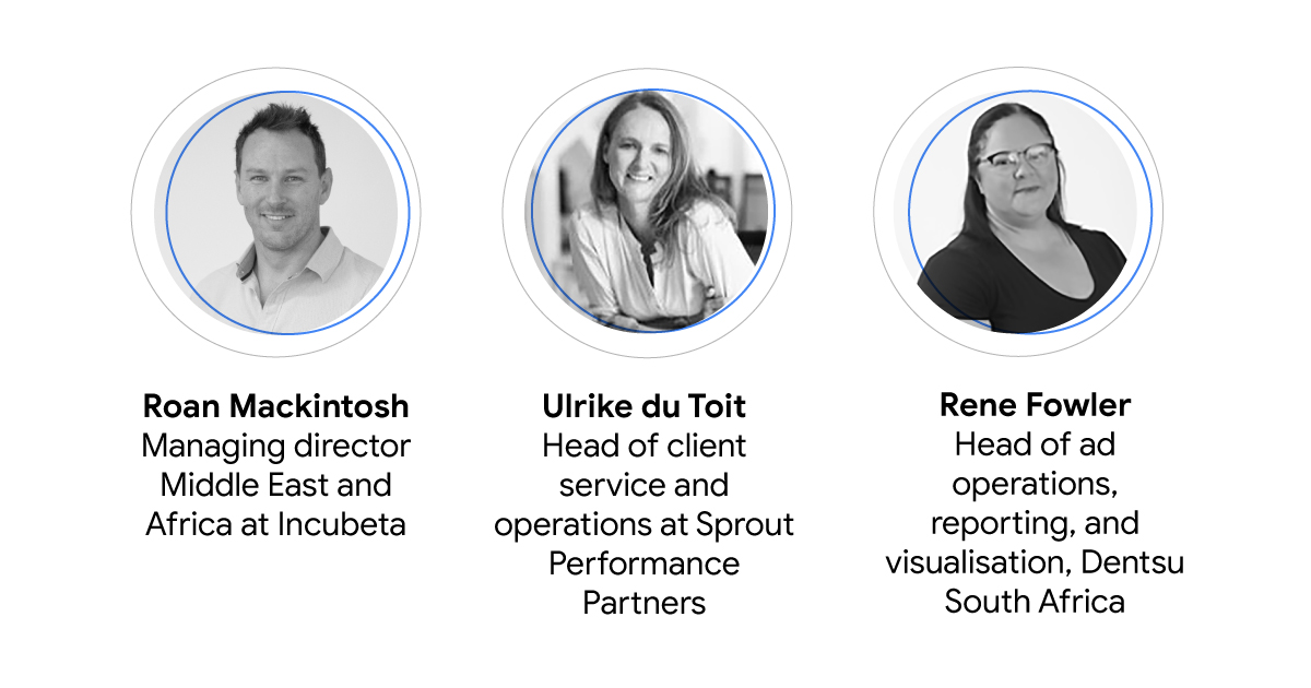 Three circular portrait images of Roan Mackintosh, managing director Middle East and Africa at Incubeta. Ulrike du Toit, head of client service and operations at Sprout Performance Partners. Rene Fowler, head of ad operations at Dentsu