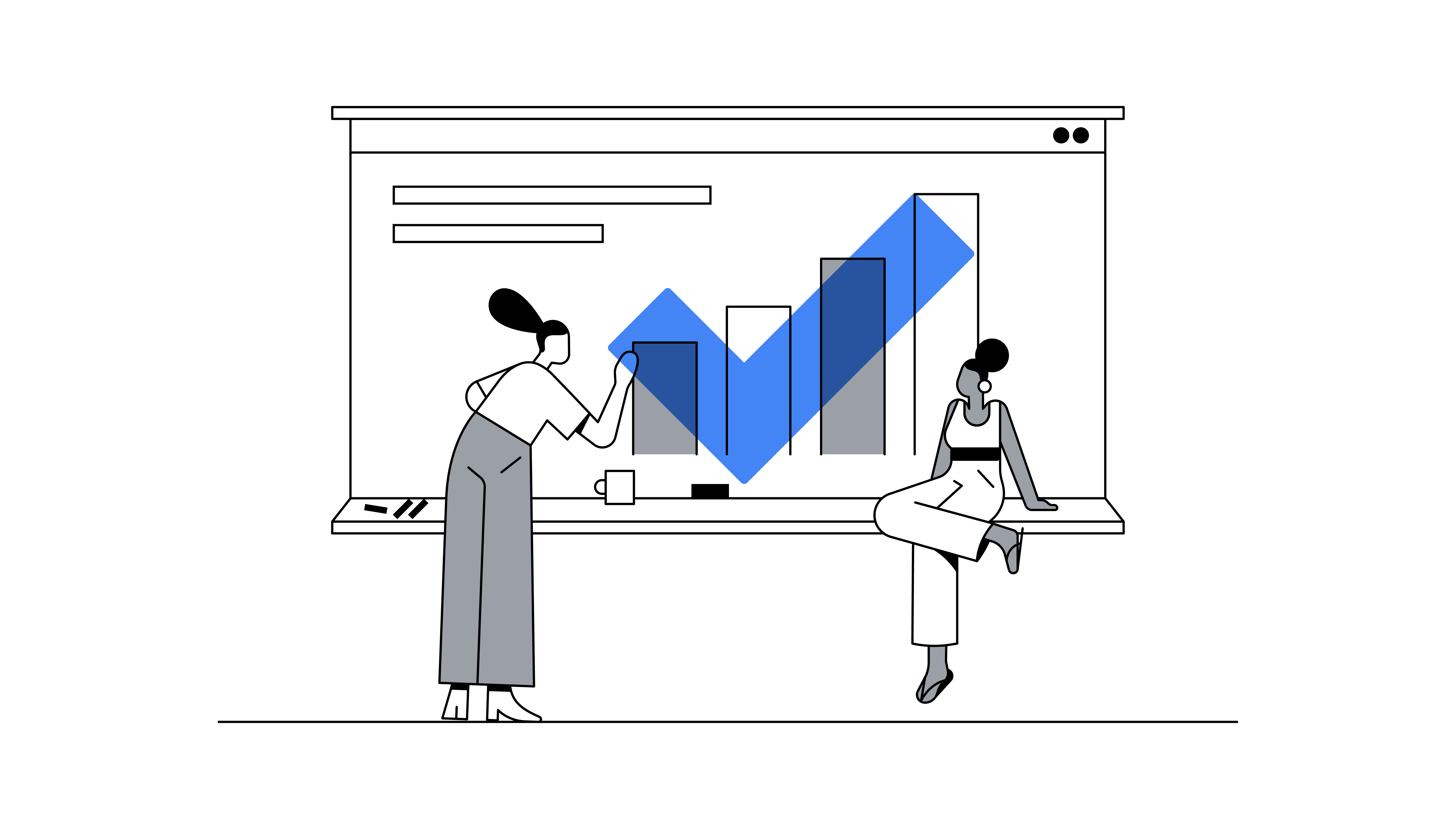Stylised illustration of two female-presenting people at a chalkboard which shows a bar graph, overlaid with a blue tick.