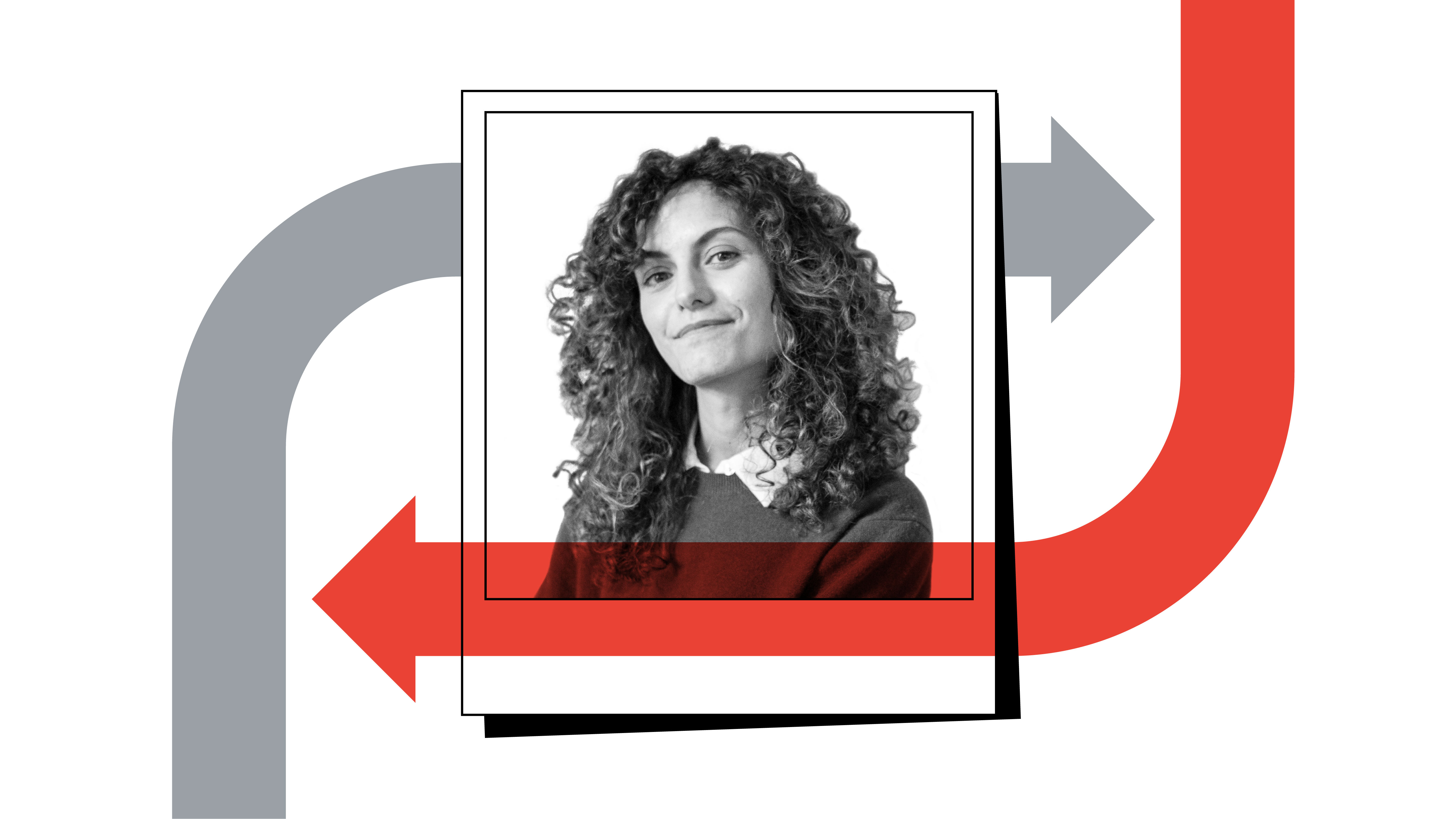 Headshot of Farah Dib, Co-founder & Creative Director, Twenty with red and grey arrows around it.