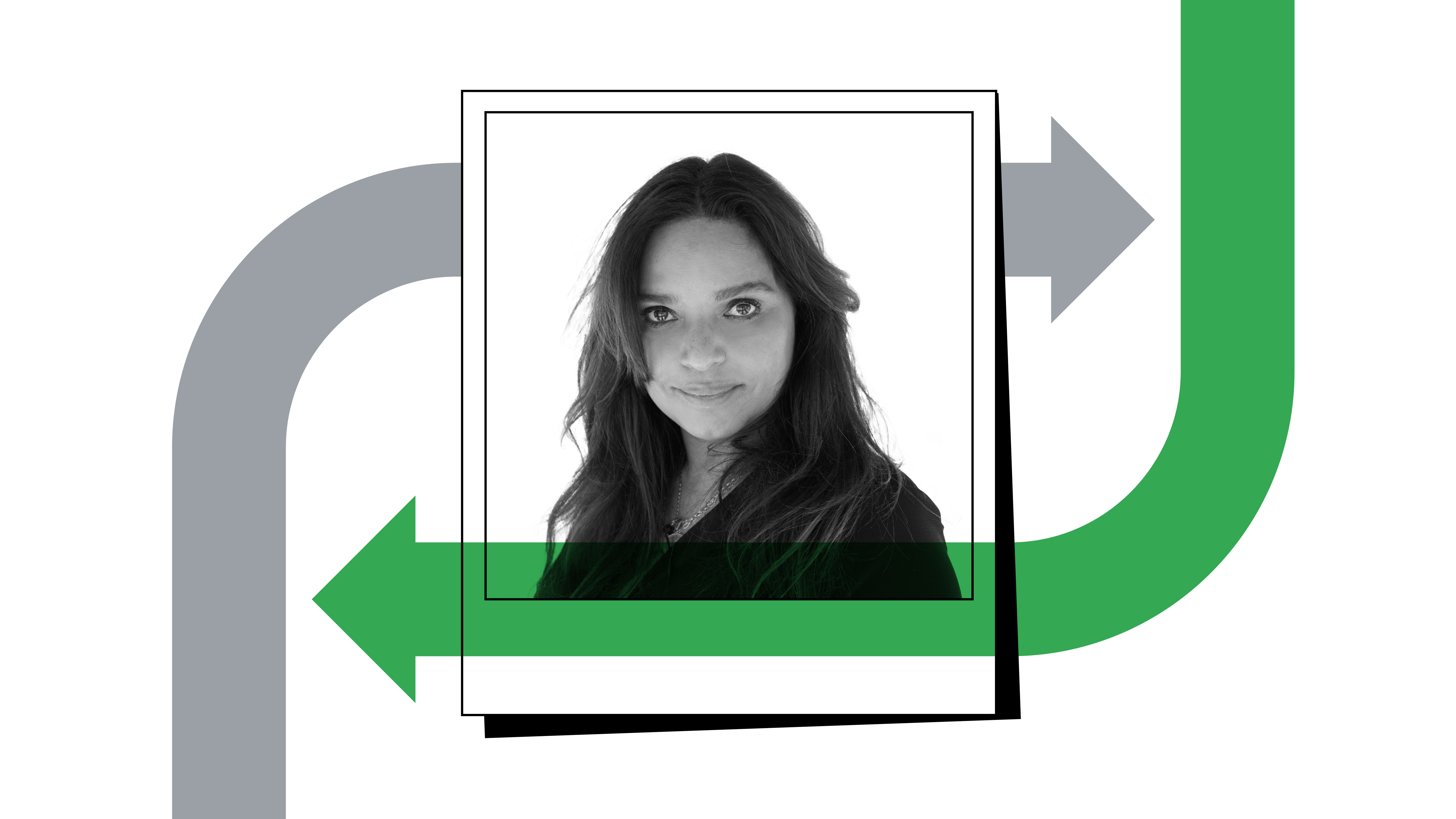 Headshot of Nathalie Nijhuis-Lam, global head of sponsorship, Philips, with green and grey arrows around it.