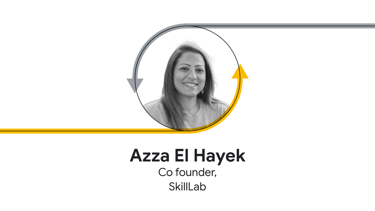 A black and white circular headshot of Azza El Hayek, co-founder of SkillLab. A grey downwards facing arrow, and a yellow upwards facing arrow, surround the circle. Below, her name, job title, and company.