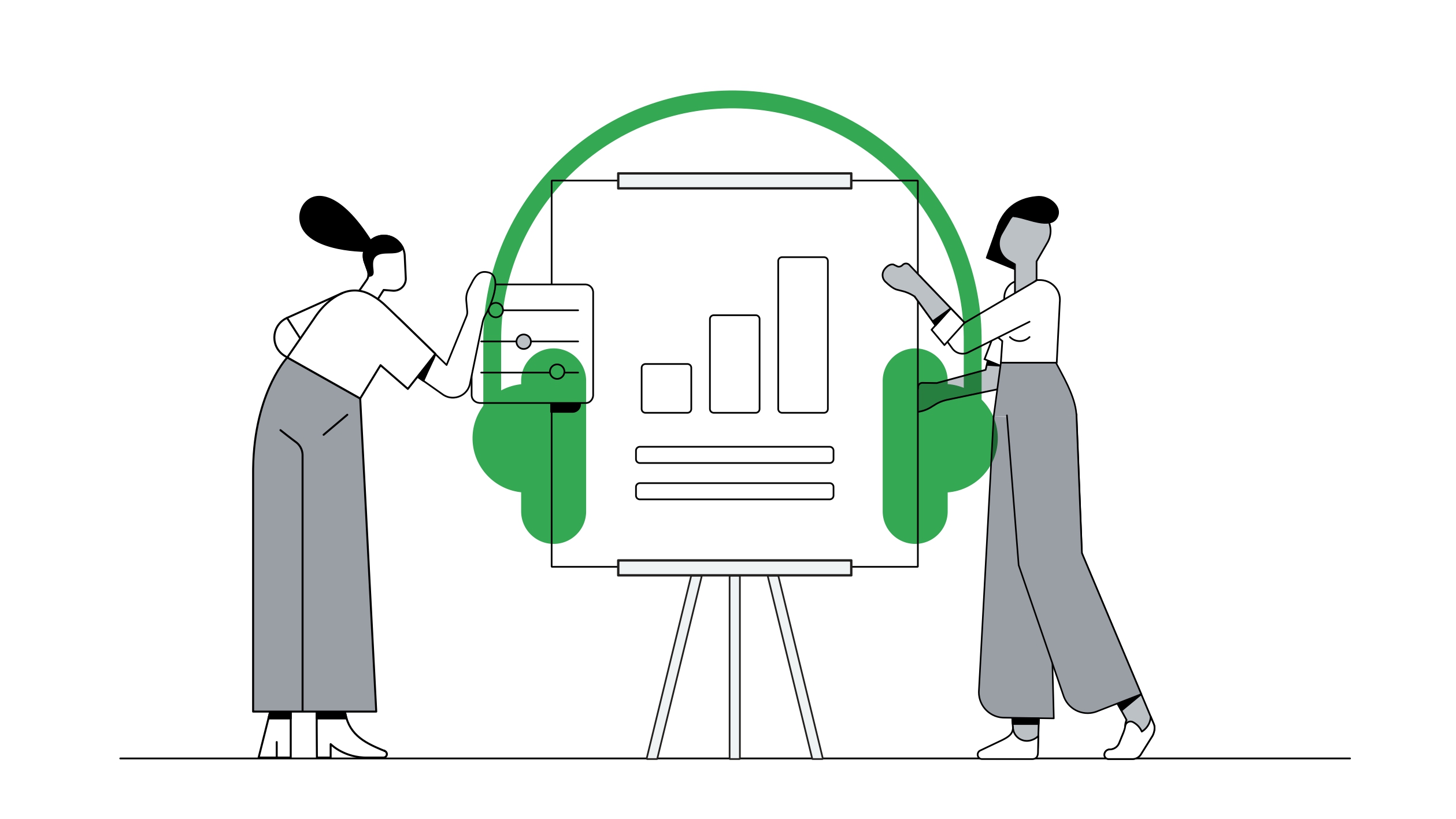 In black and white, an easel displaying an incremental bar graph. A life-size green pair of headphones overlays. To the right, a dark-skinned person holds the canvas; to the left, a light-skinned woman adjusts switches on a pop-out box.