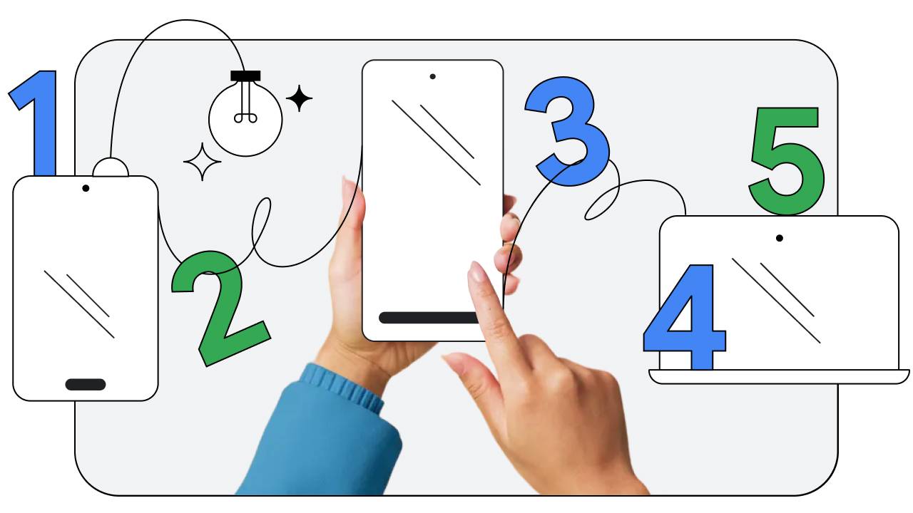 Dos manos sostienen un dispositivo móvil, con una tablet y un portátil a cada lado. Hay números verdes y azules repartidos por toda la imagen, con una bombilla y el icono de diamante de Gemini en la esquina superior izquierda.