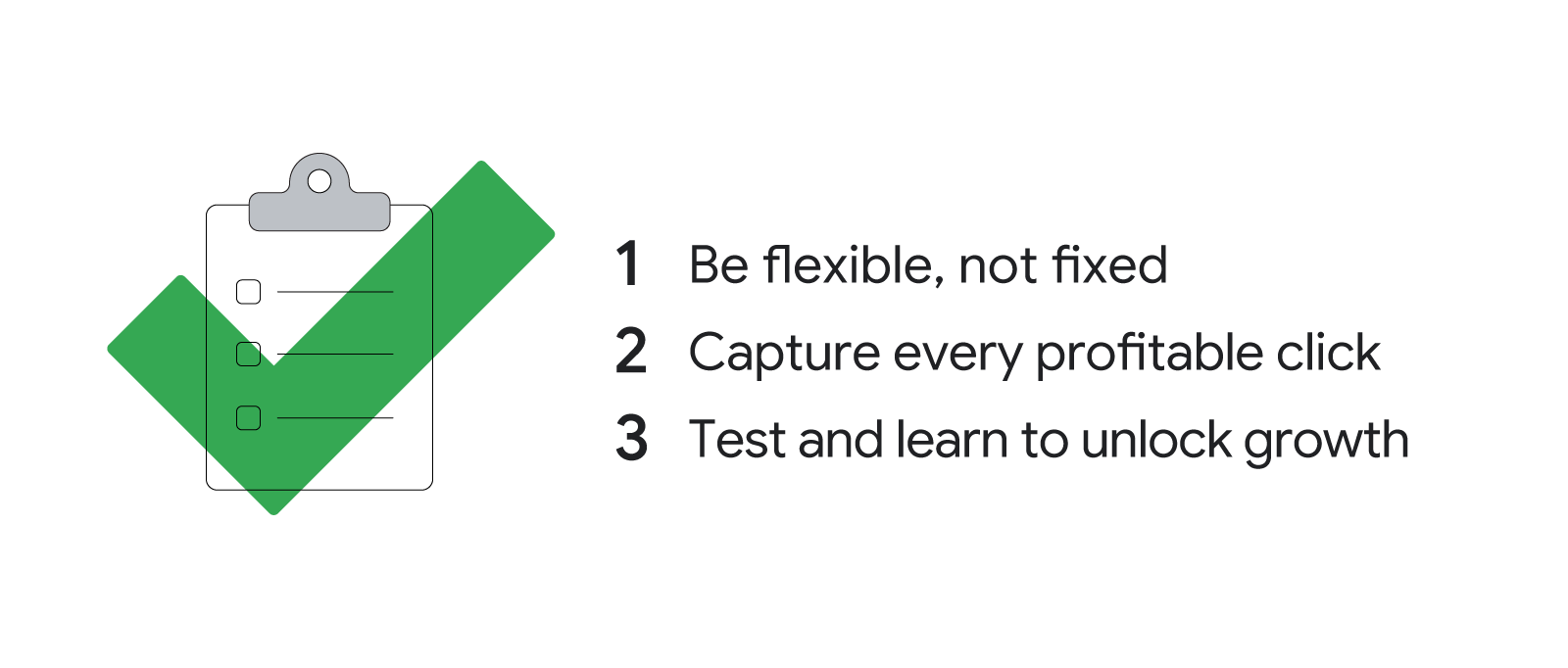 1. Be flexible, not fixed. 2. Capture every profitable click. 3. Test and learn to unlock growth.