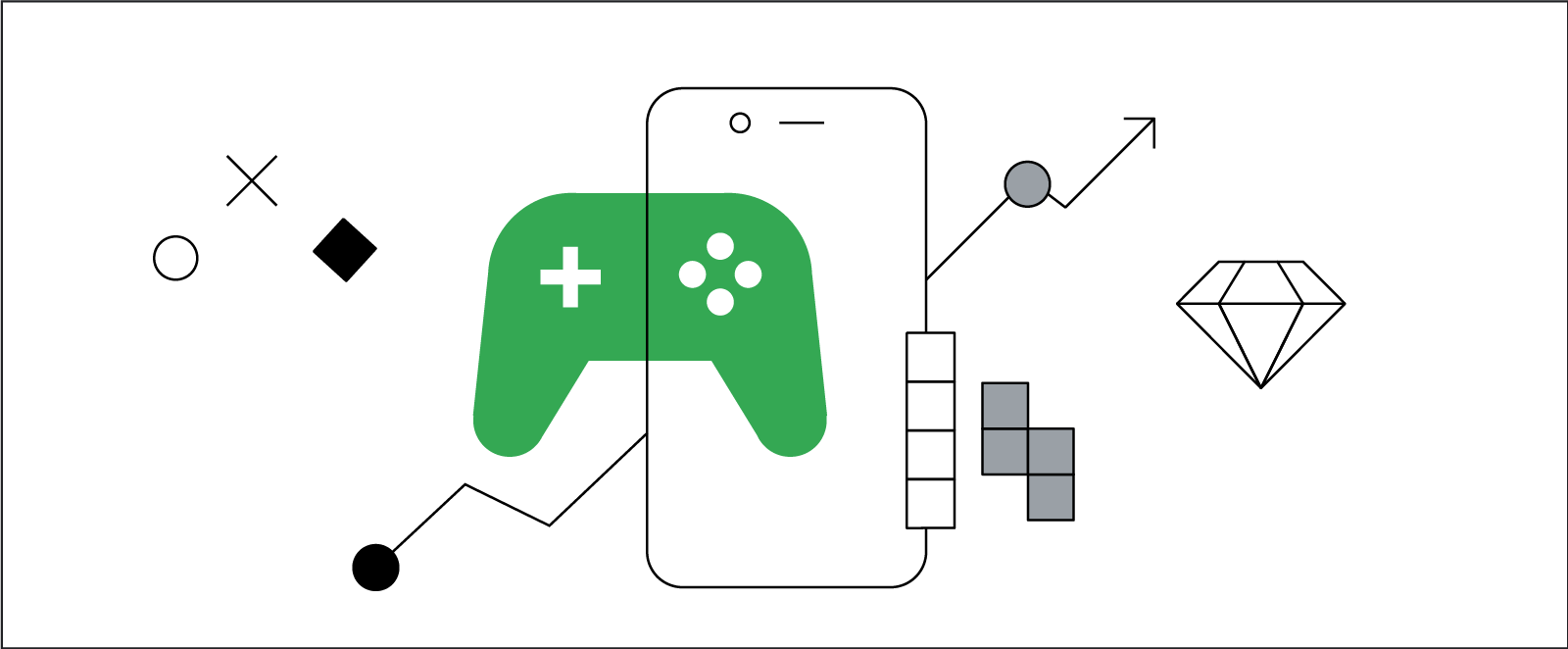 Una ilustración estilizada de un smartphone al que se superpone un control de consola de videojuegos y piezas de juegos flotando, como bloques de tetris, diamantes, cruces y círculos.