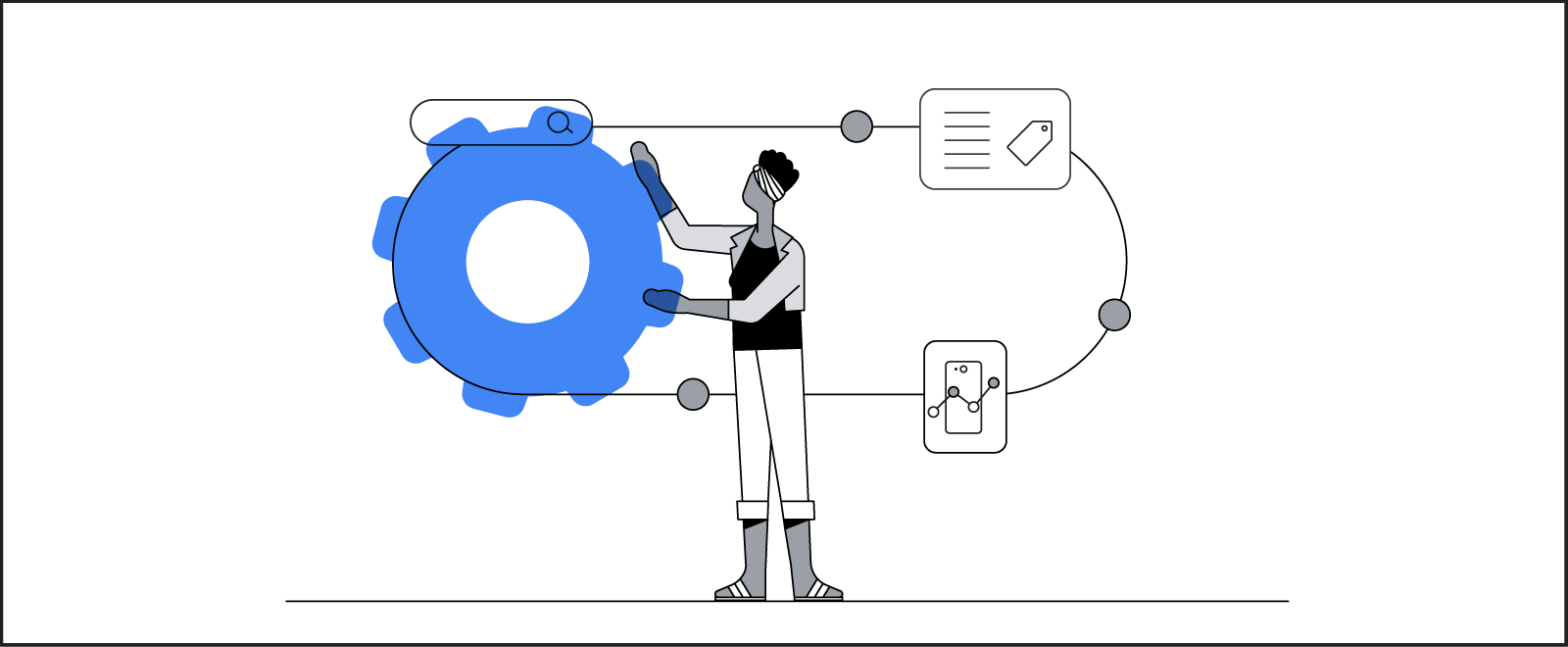 A Black woman with curly hair tied up in a wrap interacts with a larger-than-life gear wheel, which surfaces matches for her search interests and reveals the latest shopping trends.