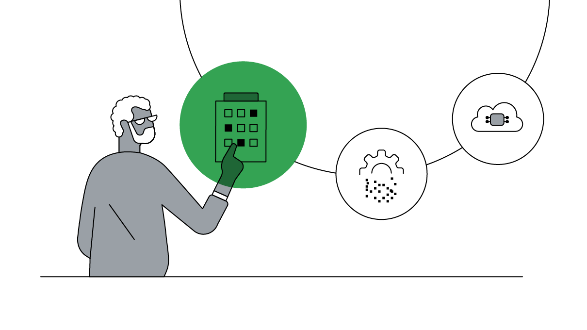 An older Black man with white hair and a white beard enters a number onto a keypad suspended in a green bubble. Connected by an arc, two nearby bubbles contain a cloud with a microchip and a gear turning to pixels.