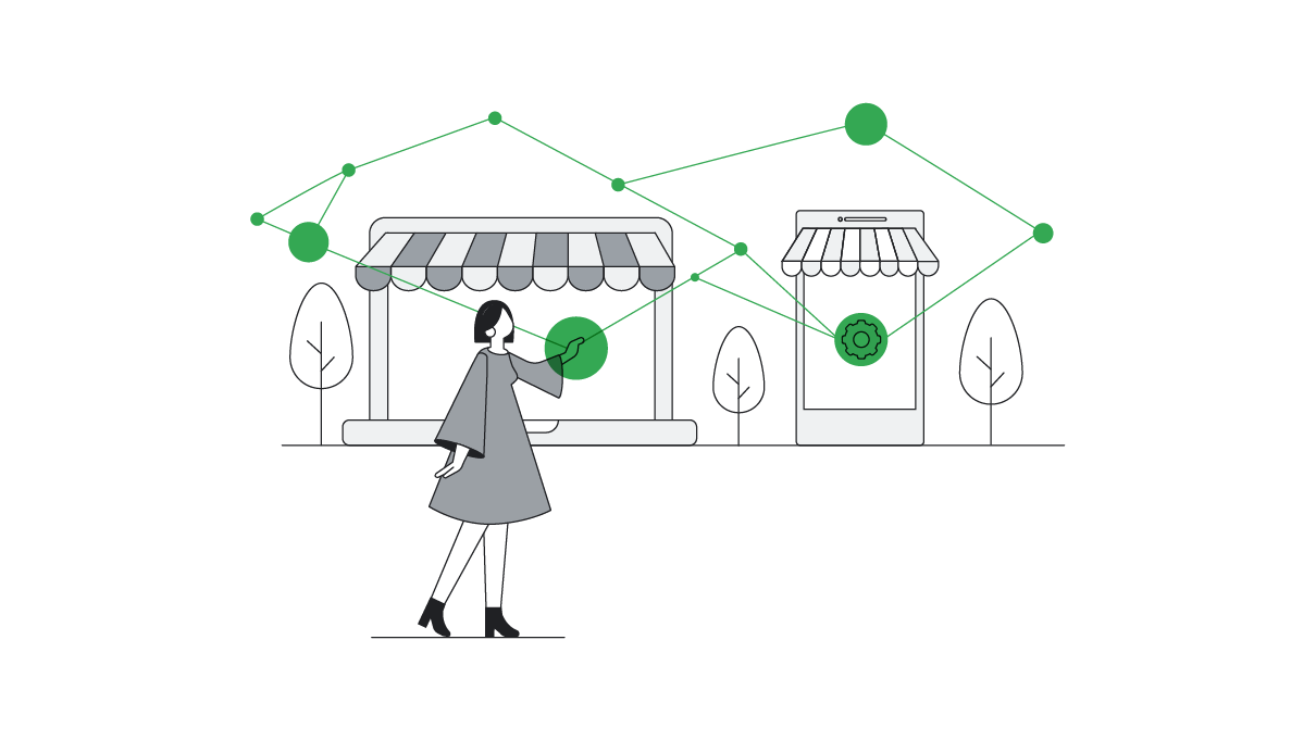 A woman with light skin and a black bob wearing an A-line dress taps the screens of a larger-than-life laptop and a giant mobile phone, decked out with striped awnings to look like brick-and-mortar shops.