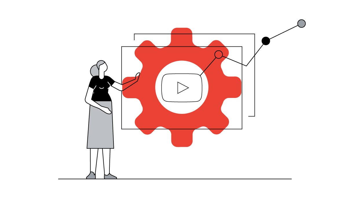 A white woman with blond hair in a low bun, wearing a black top and a gray skirt, turns a large red gear wheel to adjust her brand’s video strategy.