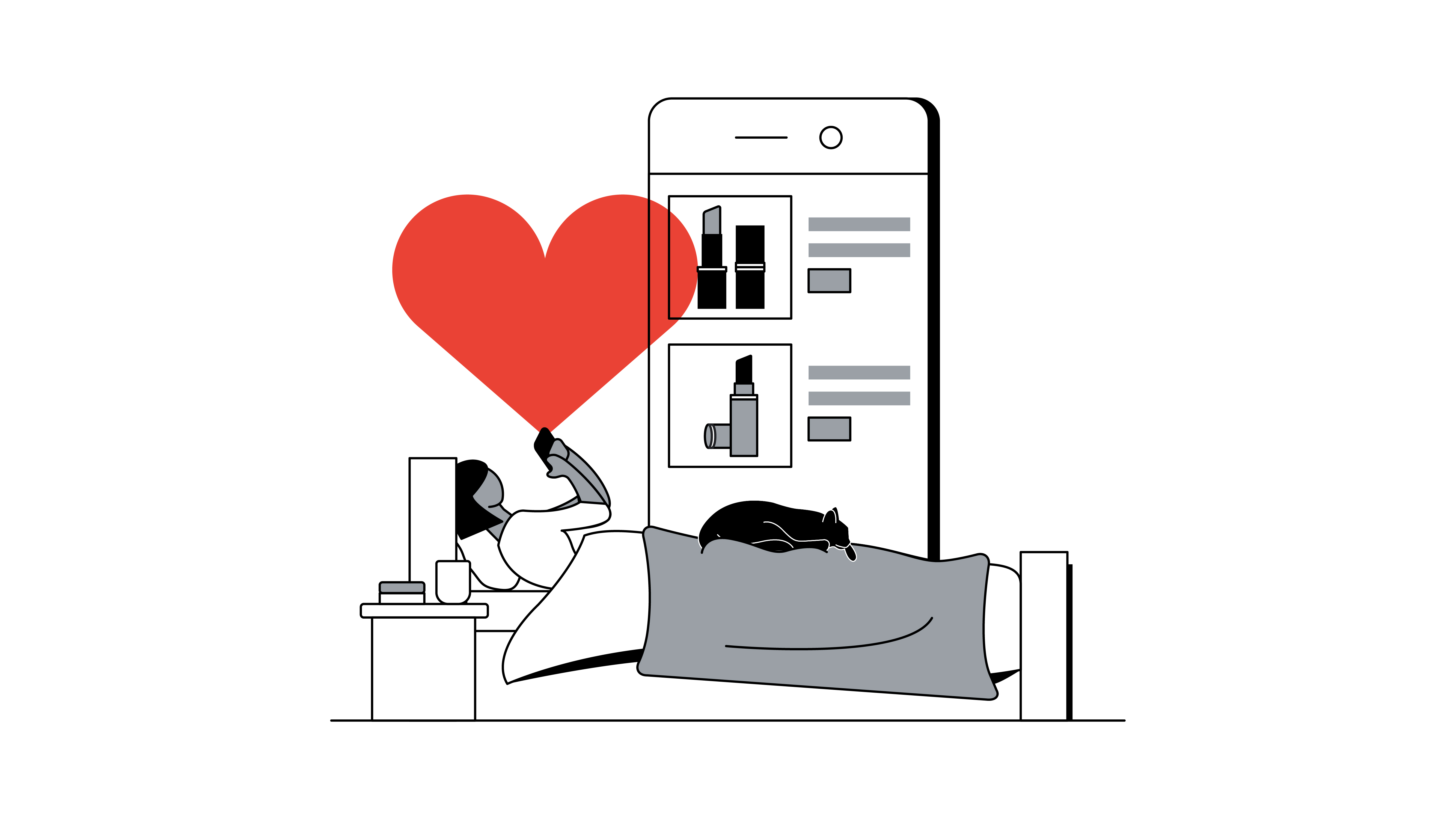 A stylised illustration of a person browsing their phone from bed with a black cat curled up at their feet, and a red heart above them. A smartphone screen displaying products can be seen in the background.