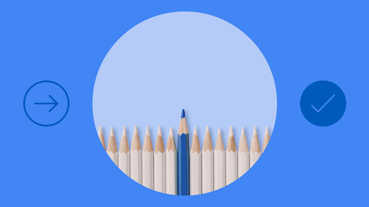A blue pencil stands out among white pencils, between a right-pointing arrow and a tick, representing how brands can use AI in marketing to build trust and guide consumers towards making a confident and informed purchase decision.