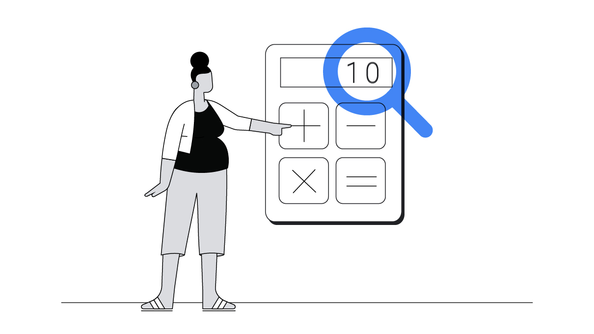 A person, wearing hoop earrings, a cardigan, capri pants, and flat sandals with their hair in a top knot, uses an oversized calculator.