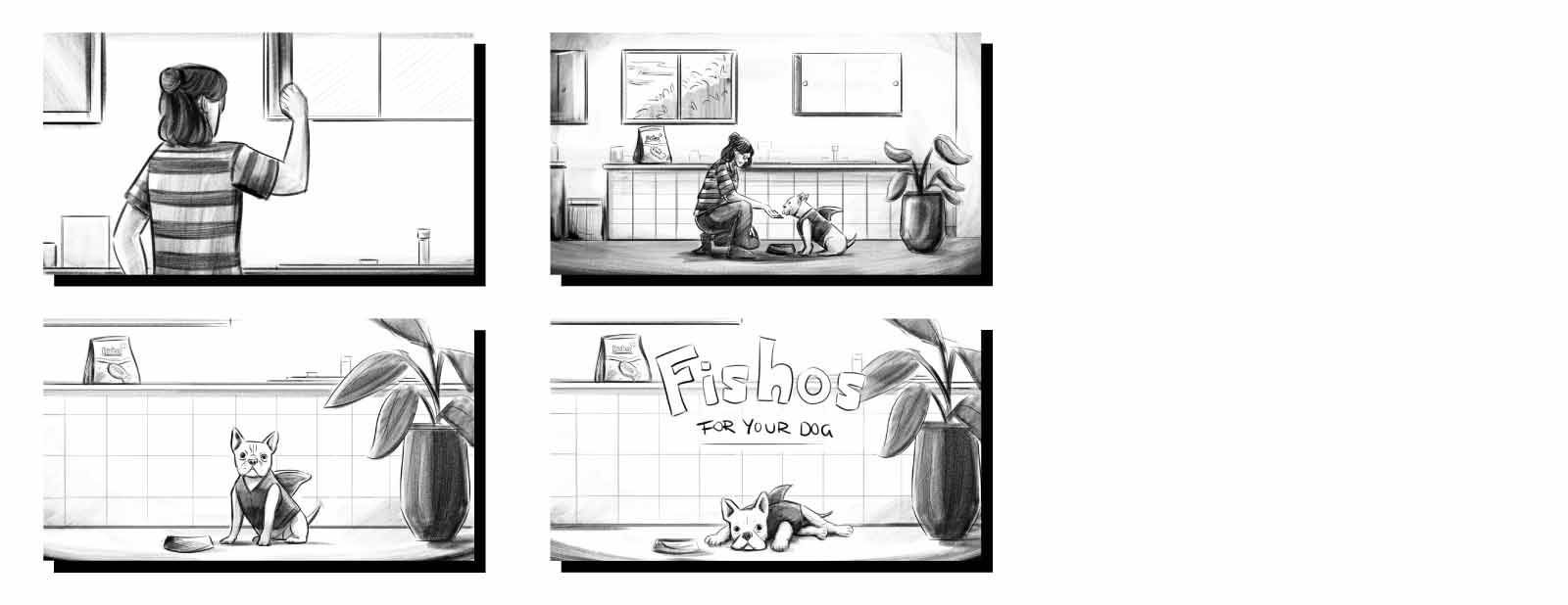 Storyboard à quatre volets pour la marque fictive Fishos : une femme ouvre un placard de cuisine. Elle nourrit à la main un petit chien portant un costume de requin. Le chien, qui est assis, regarde les utilisateurs et les utilisatrices. Il a les pattes é