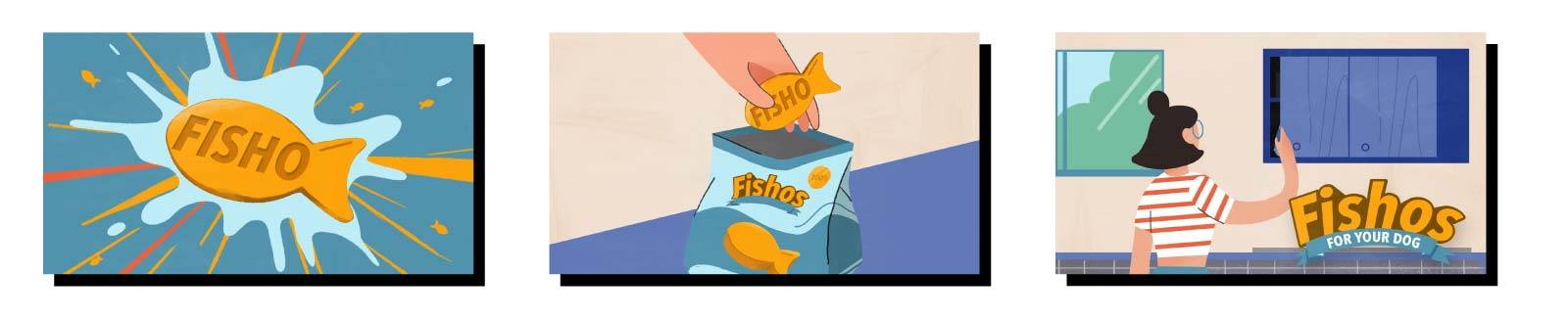 Un primo piano di uno snack Fisho sopra spruzzi d'acqua è seguito da uno scatto in situ di una mano che entra in una confezione di Fishos e ne estrae uno. Nell'ultimo fotogramma, una donna apre un mobiletto da cucina. Il logo Fishos viene mostrato in sovr