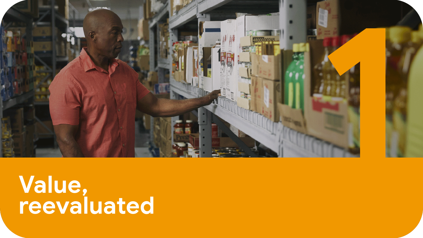 Part 1: Value, reevaluated. Small-business owner Jamie Boatright, dressed in a red short-sleeved shirt, peruses ingredients on a shelf at a warehouse-style grocery store.