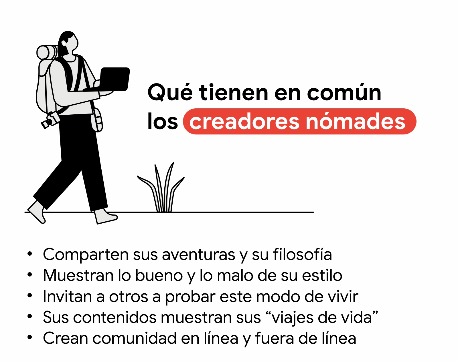 Un hombre camina con una computadora en la mano. A la derecha, dice qué tienen en común los creadores nómades: comparten sus aventuras y su filosofía, muestran lo bueno y lo malo de su estilo, invitan a otros a probar este modo de vivir.