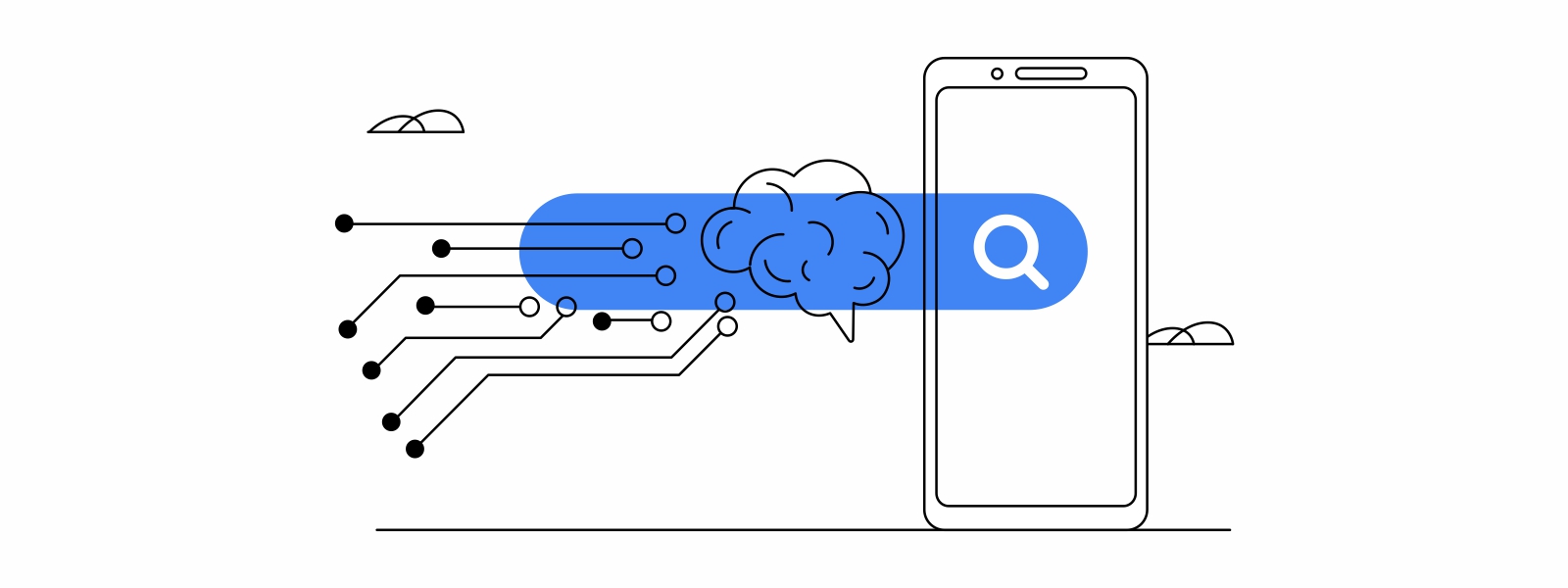 Varios puntos interconectados junto a una nube blanca. A la derecha, la pantalla de un dispositivo móvil y, sobre ambos, una barra de buscador.