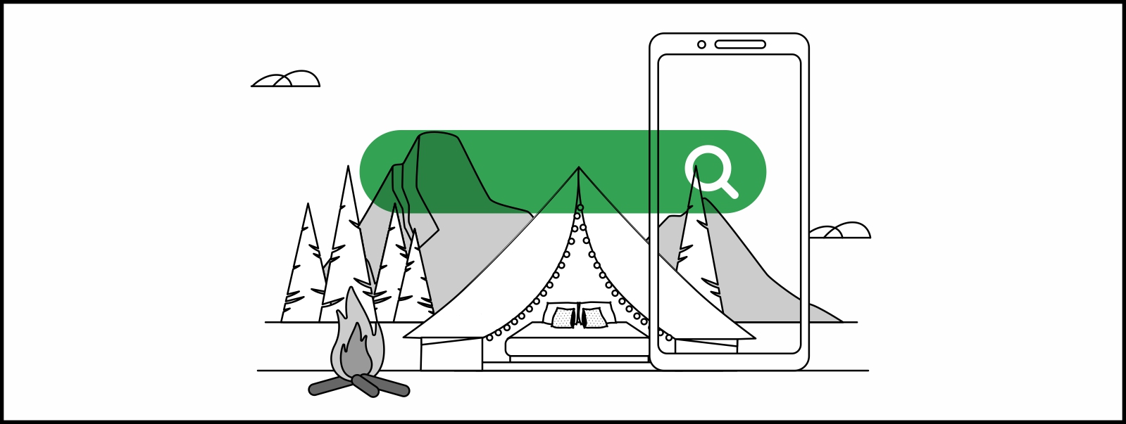 Una carpa de lujo con una fogata alrededor. Detrás, un bosque y montañas. Delante, una pantalla de un dispositivo móvil y una barra de Buscador en verde.