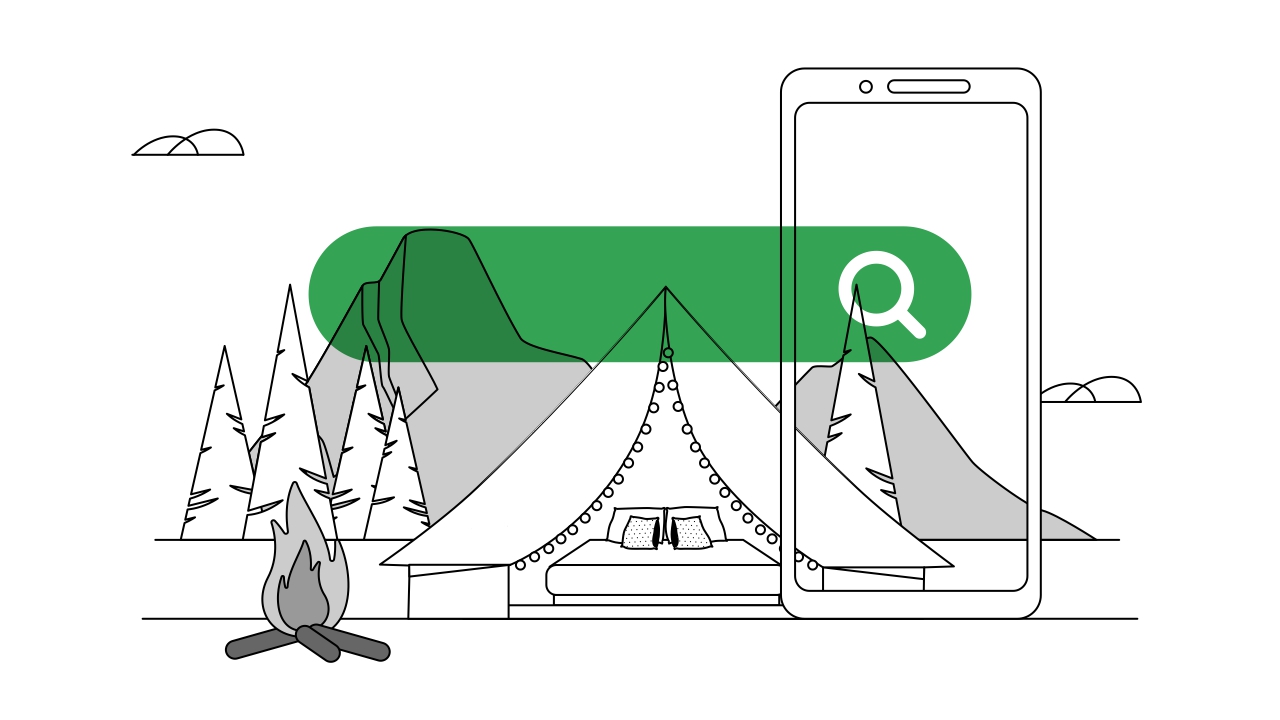 Una carpa de lujo con una fogata alrededor. Detrás, un bosque y montañas. Delante, una pantalla de un dispositivo móvil y una barra de Buscador en verde.