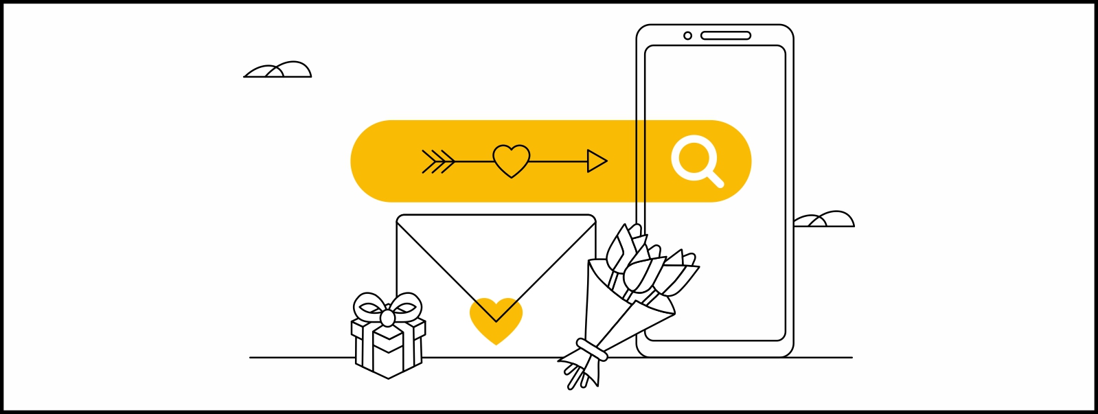Una pantalla de un dispositivo móvil detrás de una barra amarilla de buscador. Debajo, un sobre con un corazón en amarillo, unas flores y un regalo. Sobre la barra del buscador, una flecha de Cupido.
