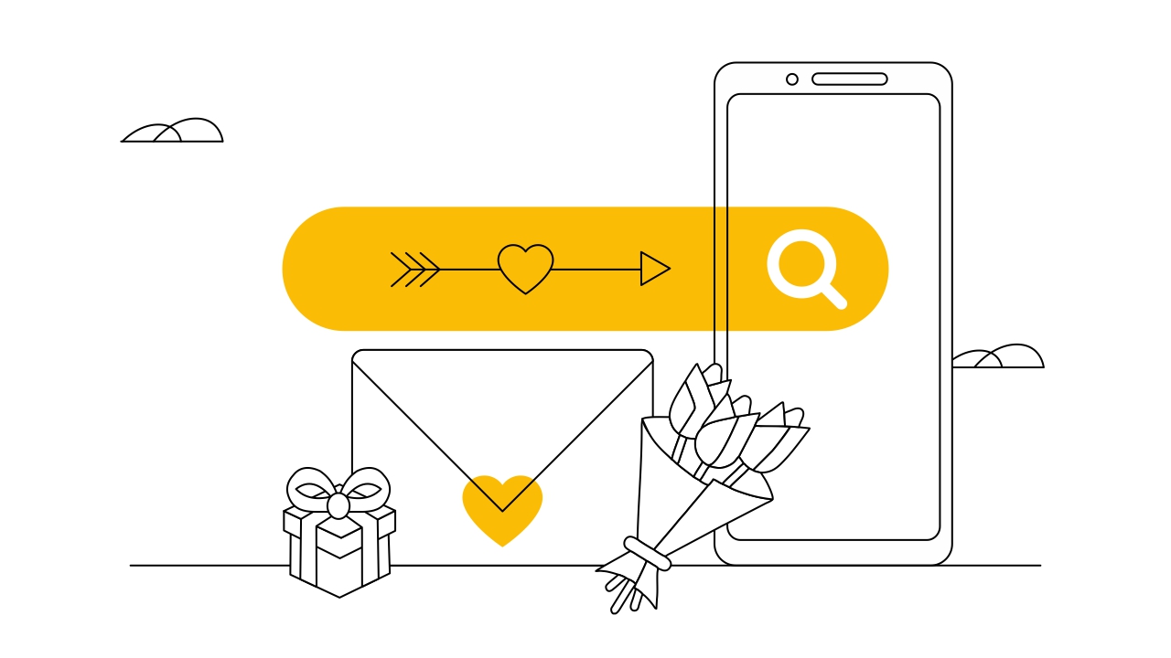Una pantalla de un dispositivo móvil detrás de una barra amarilla de buscador. Debajo, un sobre con un corazón en amarillo, unas flores y un regalo. Sobre la barra del buscador, una flecha de Cupido.