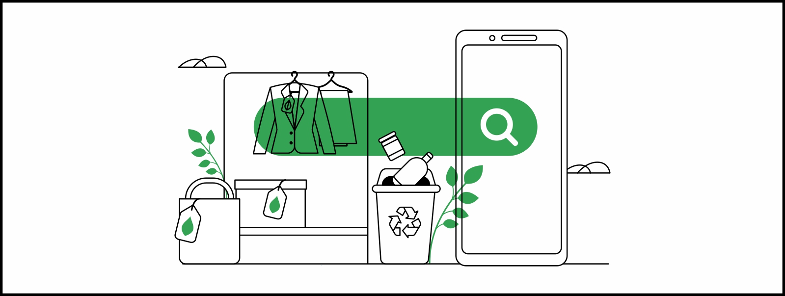 Una pantalla de un móvil detrás de una barra verde de Búsqueda y una lupa blanca. A su izquierda, un tacho de basura con el símbolo de reciclables, algunas ramas verdes, dos bolsas con una etiqueta verde.