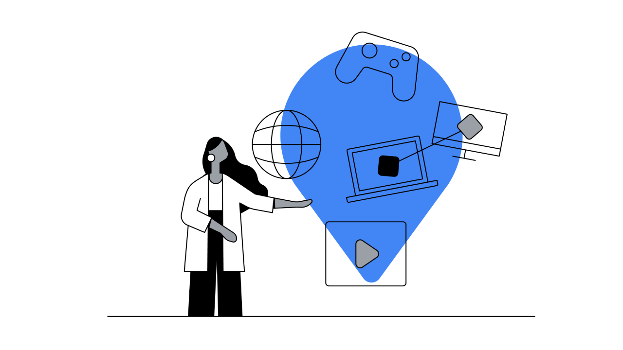 A woman pointing at a globe, gaming controller, YouTube video, laptop, and monitor, signifying the various marketing strategies and consumer insights in 2021 that can help marketers plan ahead and shape the future of digital marketing
