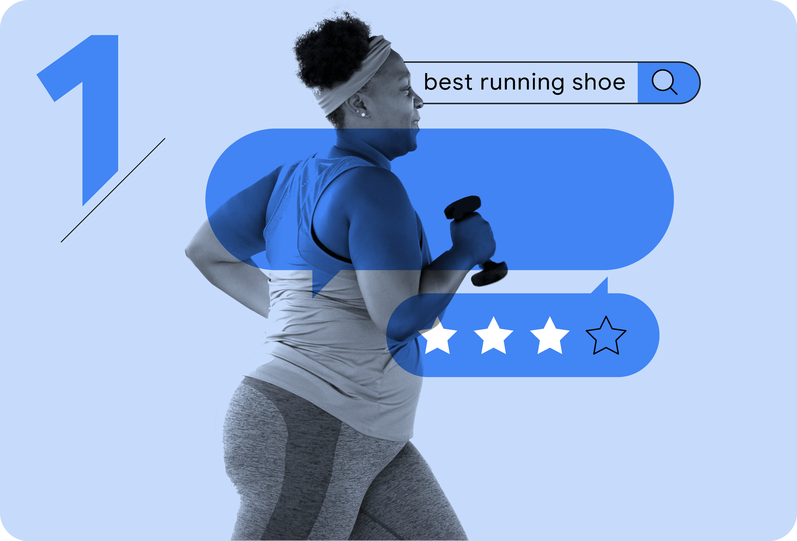 A person with short curly hair in athletic clothing and wearing a headband runs while holding dumbbells. The search term “best running shoe” appears in a search bar at top, and 3 out of 4 stars are lit up in a text bubble.
