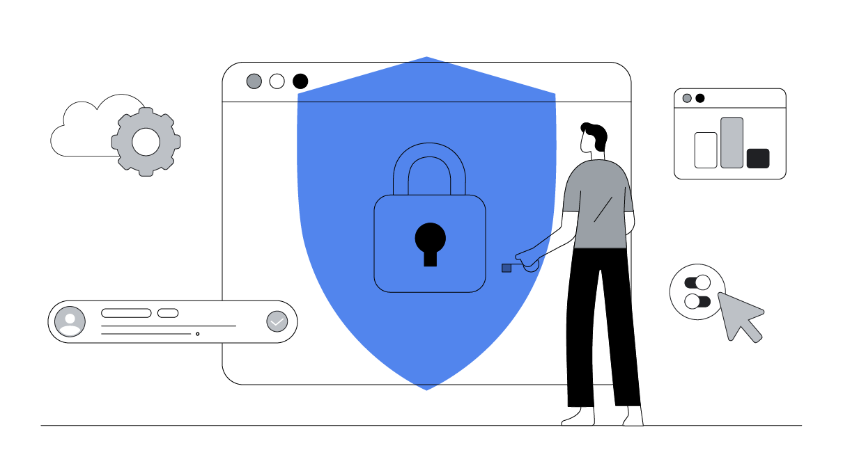Un'illustrazione mostra delle icone che simboleggiano la privacy digitale. Al centro della composizione si trova un lucchetto e un uomo di spalle.