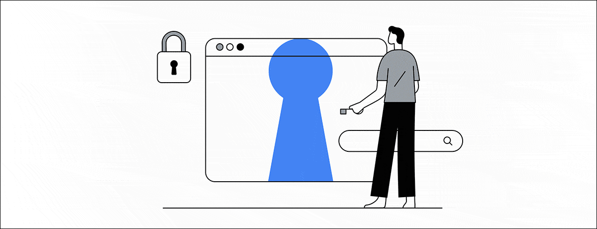 In an illustrated animation, a man interacts with a life-size browser window. When he puts a key in a blue keyhole on the screen, a padlock opens, and another window pops up, displaying a security shield.