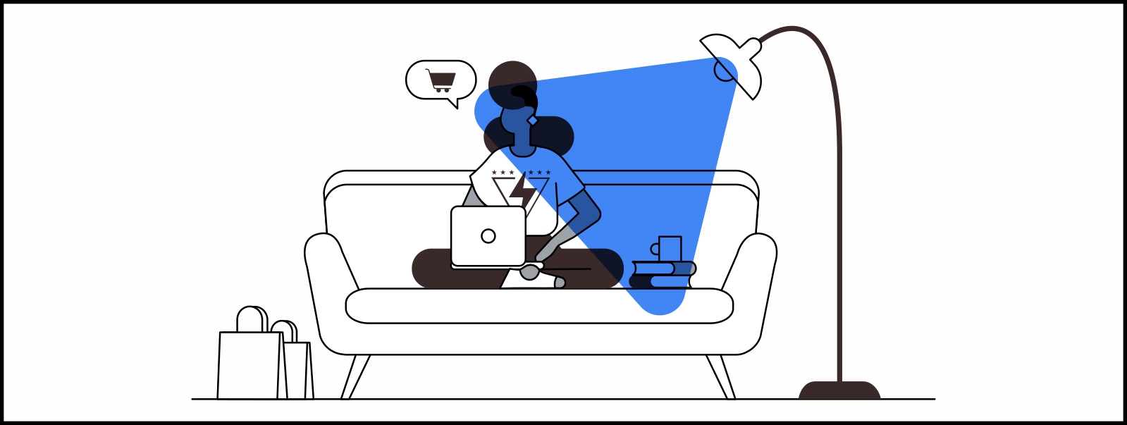 Una mujer, sentada en un sillón, mira una computadora. A un costado, unas bolsas de compras y un globo de diálogo con un carrito de shopping. A otro costado, una lámpara alta. Sobre la escena, un triángulo azul sobreimpreso.