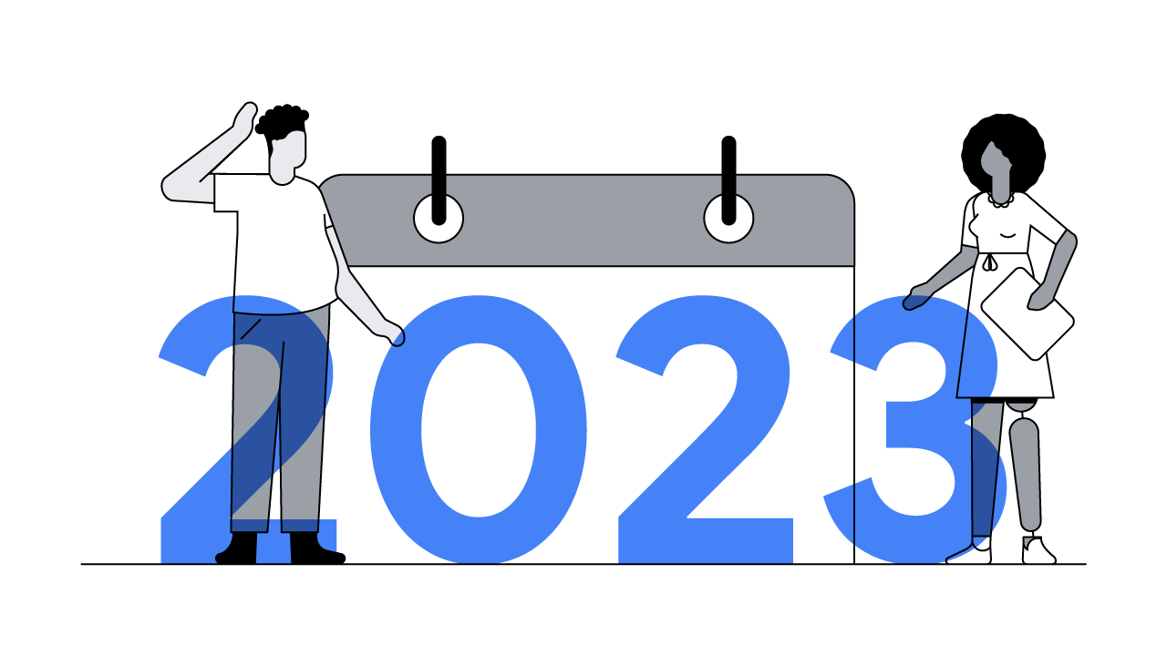 Illustrated black-and-white image of a man and woman in front of a calendar page with a bold, blue “2023” over the top.