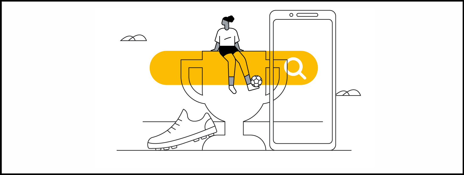 Una pantalla de teléfono móvil a la derecha, detrás de una gran barra de Buscador en amarillo. A la izquierda, una zapatilla de fútbol y una copa. Sobre esta, una mujer sentada, con equipo deportivo y una pelota de fútbol en el pie.