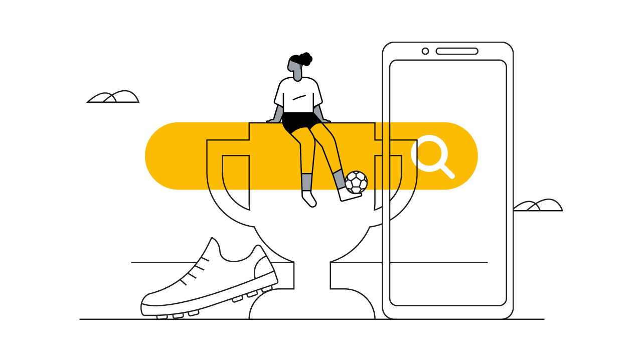 Una pantalla de teléfono móvil a la derecha, detrás de una gran barra de Buscador en amarillo. A la izquierda, una zapatilla de fútbol y una copa. Sobre esta, una mujer sentada, con equipo deportivo y una pelota de fútbol en el pie.