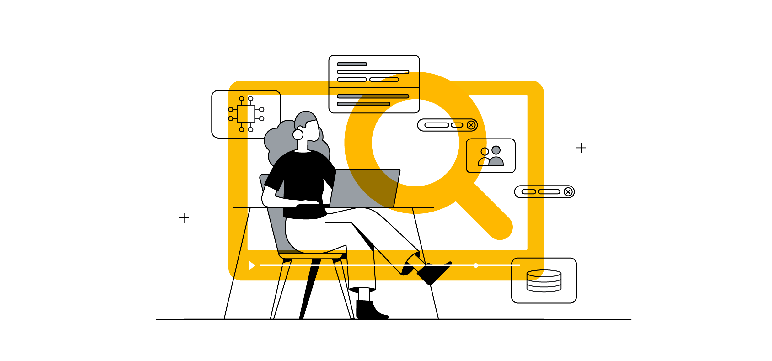 Uma mulher de cabelos cacheados está sentada, de pernas cruzadas, usando seu notebook. Ao fundo, em amarelo, aparecem o ícone de buscas e mais outras figuras gráficas que simbolizam suas ações naquele momento.