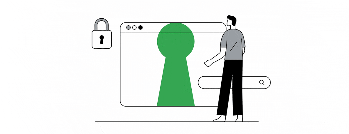 In an illustrated animation, a man interacts with a life-size browser window. When he taps a green keyhole on the screen, a padlock opens, and another window pops up, displaying a security shield.