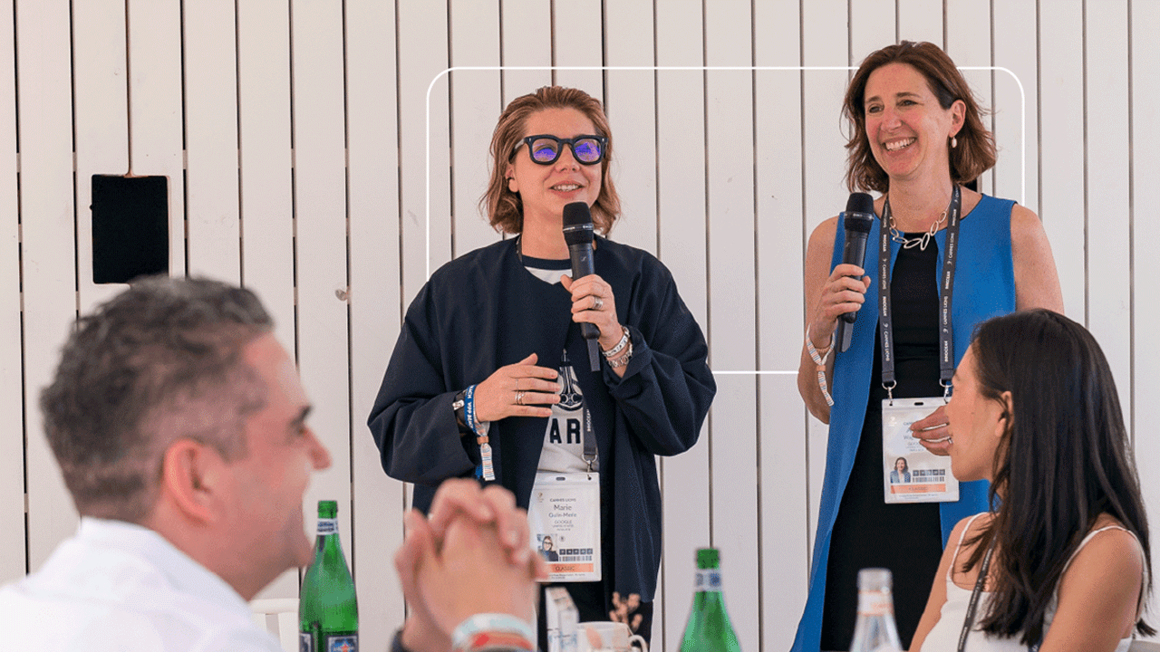 Marie Gulin-Merle, global VP of Aads marketing at Google, and Alison Wagonfeld, VP of marketing at Google Cloud, speak at a roundtable discussion about the AI revolution during the Cannes Lions International Festival of Creativity.