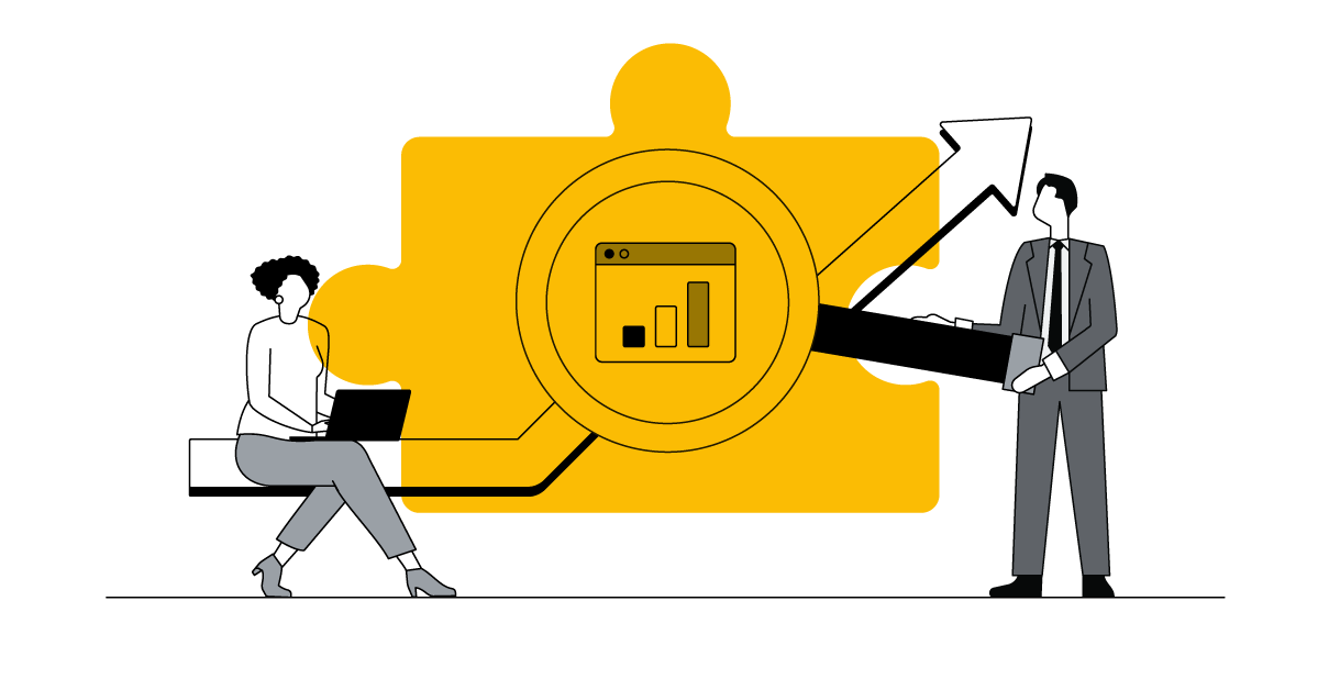 An arrow pointing upwards through a bar chart in a circle, with a woman using her laptop and a businessman pointing at the chart, representing how pairing measurement solutions with AI marketing increases engagement and maximises conversion value.