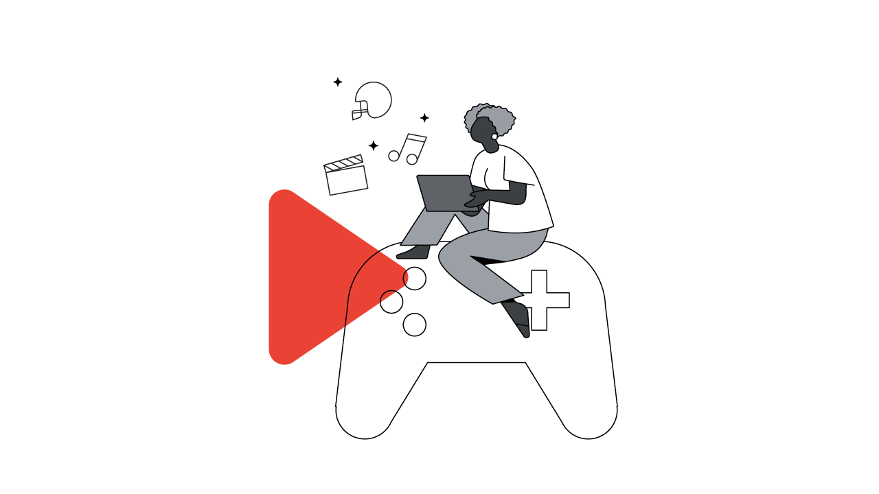 A woman with dark skin and light curly hair sits on a larger than life video game controller while playing a variety of media from on YouTube on her laptop: music, movies, sports, and so on.