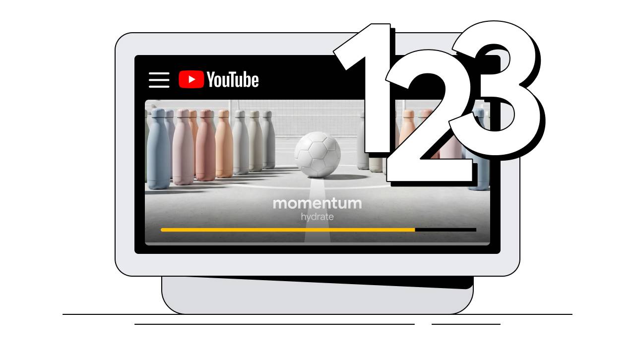Un computer mostra una schermata di YouTube con un annuncio per il brand fittizio "Momentum hydrate". L'annuncio mostra due serie di borracce allineate su un campo da calcio, con un pallone bianco al centro. I numeri 1, 2 e 3 di grandi dimensioni sono in
