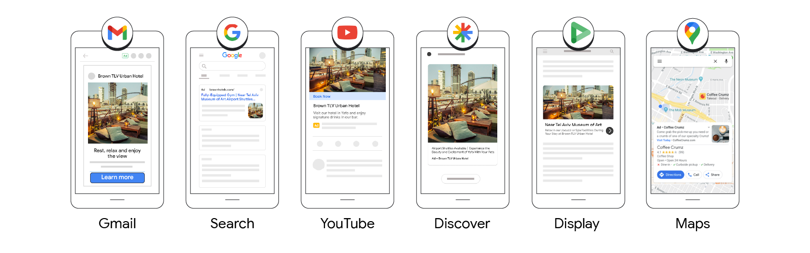 Six mobile devices, each one with a different Google channel open full-screen and its respective icon at the top. From left to right: Gmail, Search, YouTube, Discover, Display, and Maps.