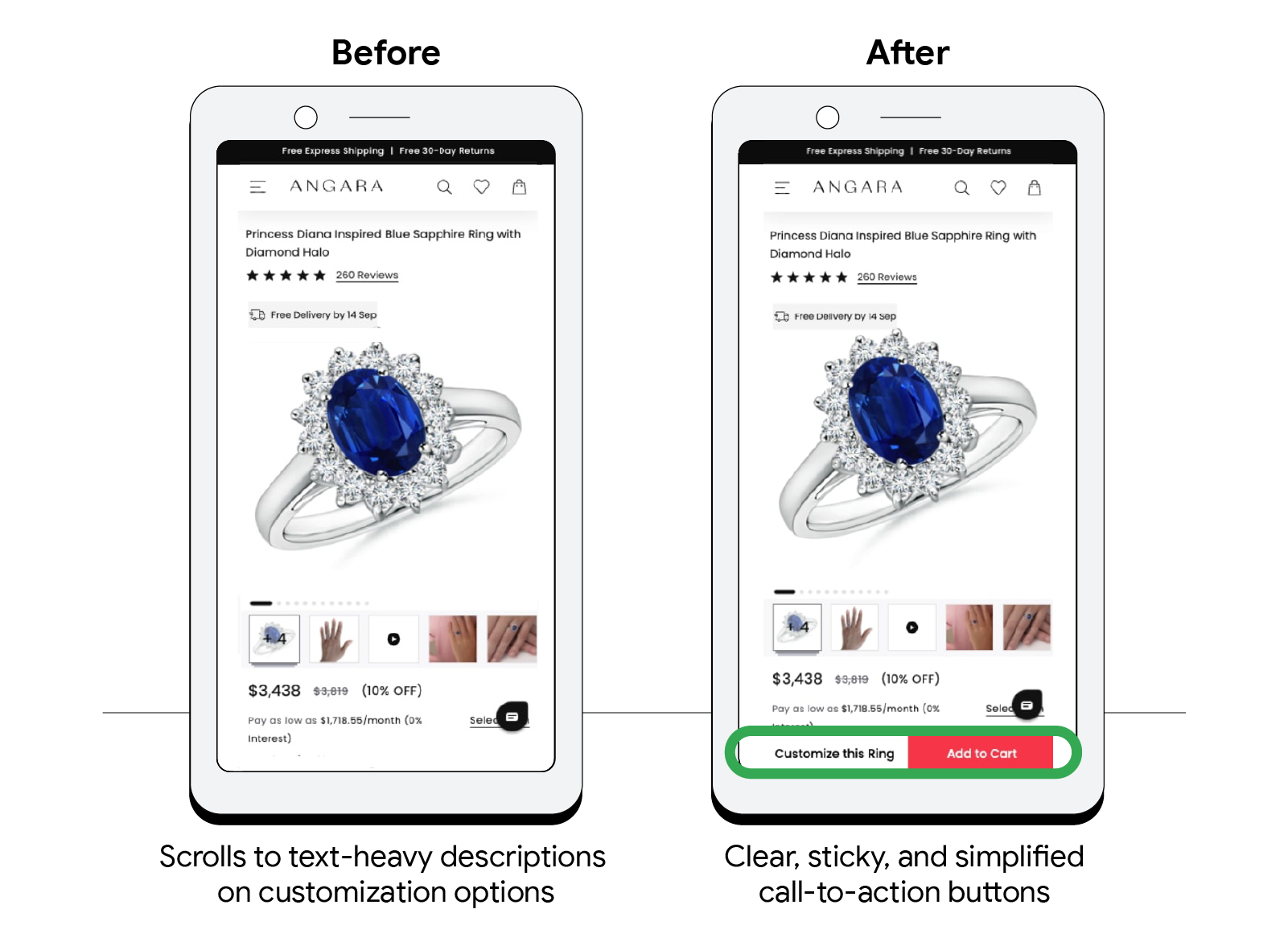 Jewelry retailer Angara’s product page before and after optimizing for conversion rate and web user experience, transitioning from scrolls and text-heavy descriptions on customization options, to clear, sticky, and simplified call-to-action buttons