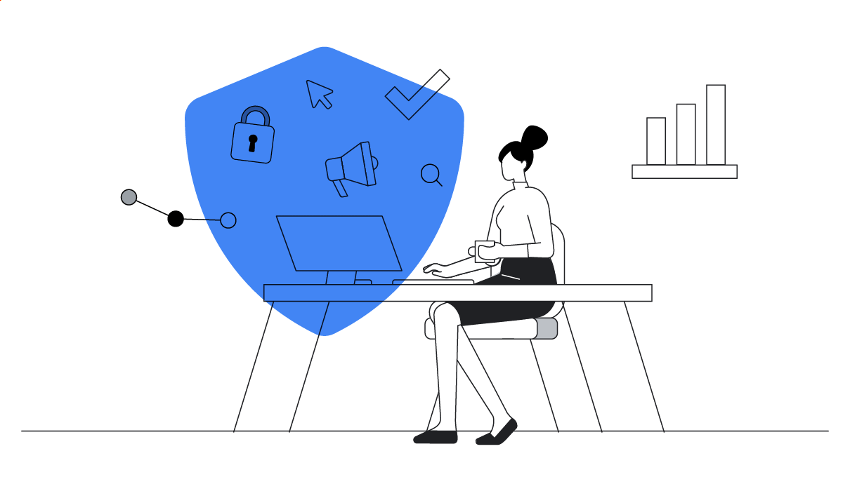 A woman using her laptop for multiple purposes as represented by the various icons appear above it, with a shield overlapping them as a sign of customer data protection using a first-party data strategy.
