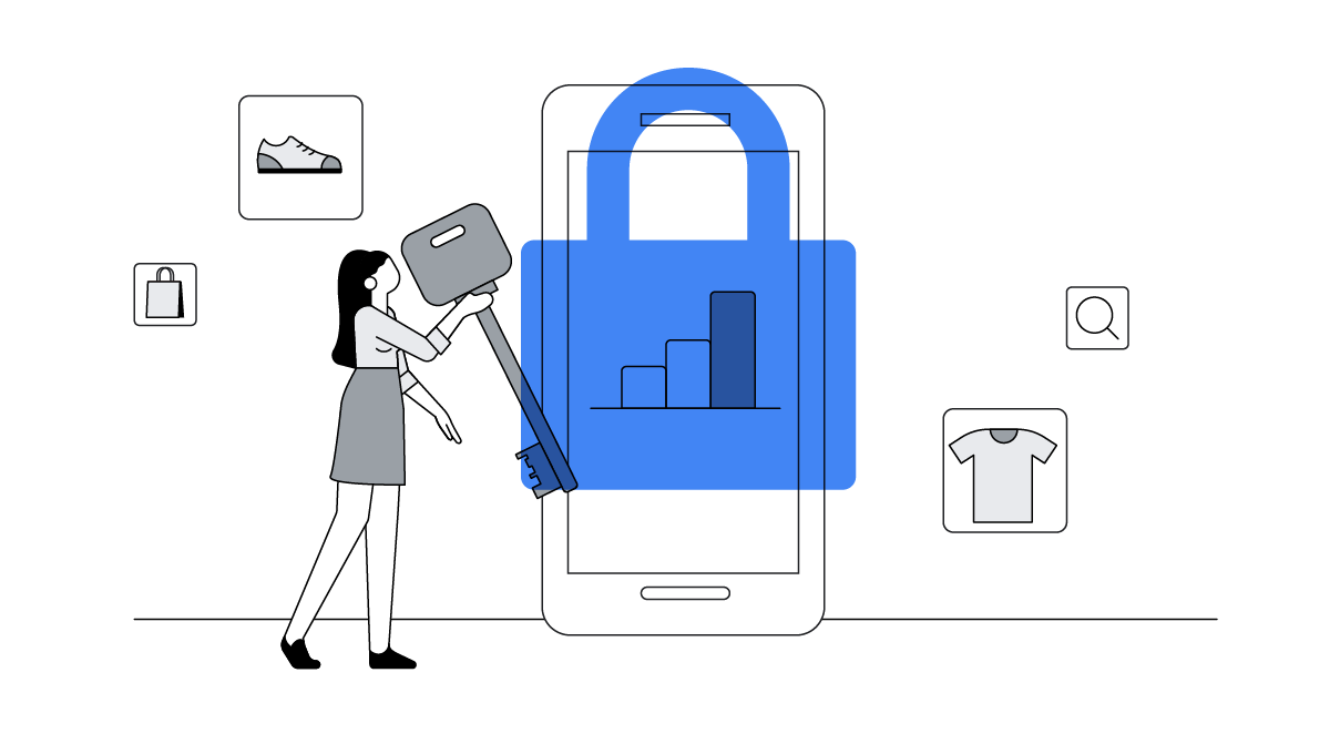 A woman holds a life-size key next to a life-size mobile phone with a bar graph on the screen and a blue lock overlay. To the left, a shopping bag and a shoe icon; to the right, a shirt and a magnifying glass icon.